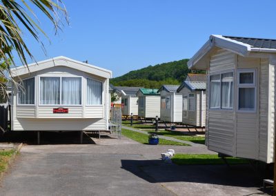 Row of caravans in sunny holiday park