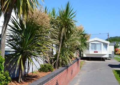 Holiday caravan with palm trees and brick path.